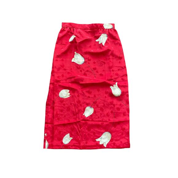 Vintage Dresses & Skirts - 1980s Vintage Bright Red White Tulip Floral Patterned Satin Midi Skirt Size 8